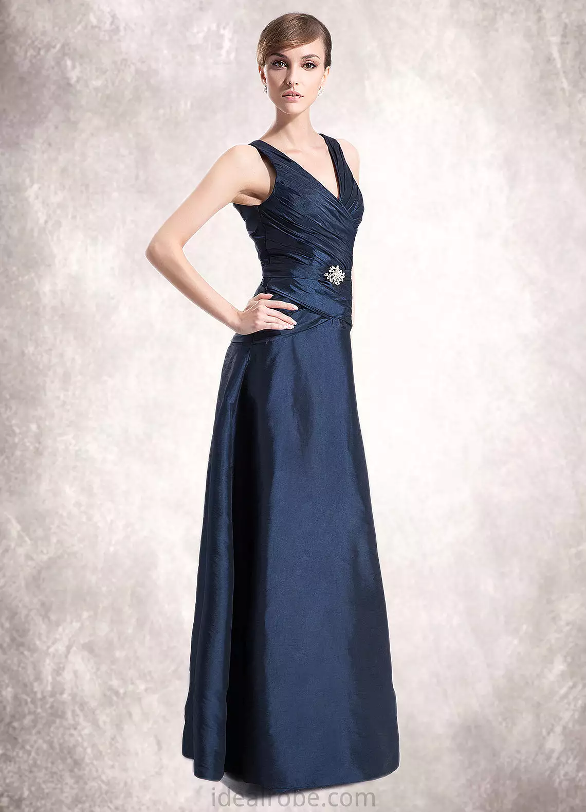 Jordin A-Line V-neck Floor-Length Taffeta Mother of the Bride Dress With Ruffle Beading STK126P0014807