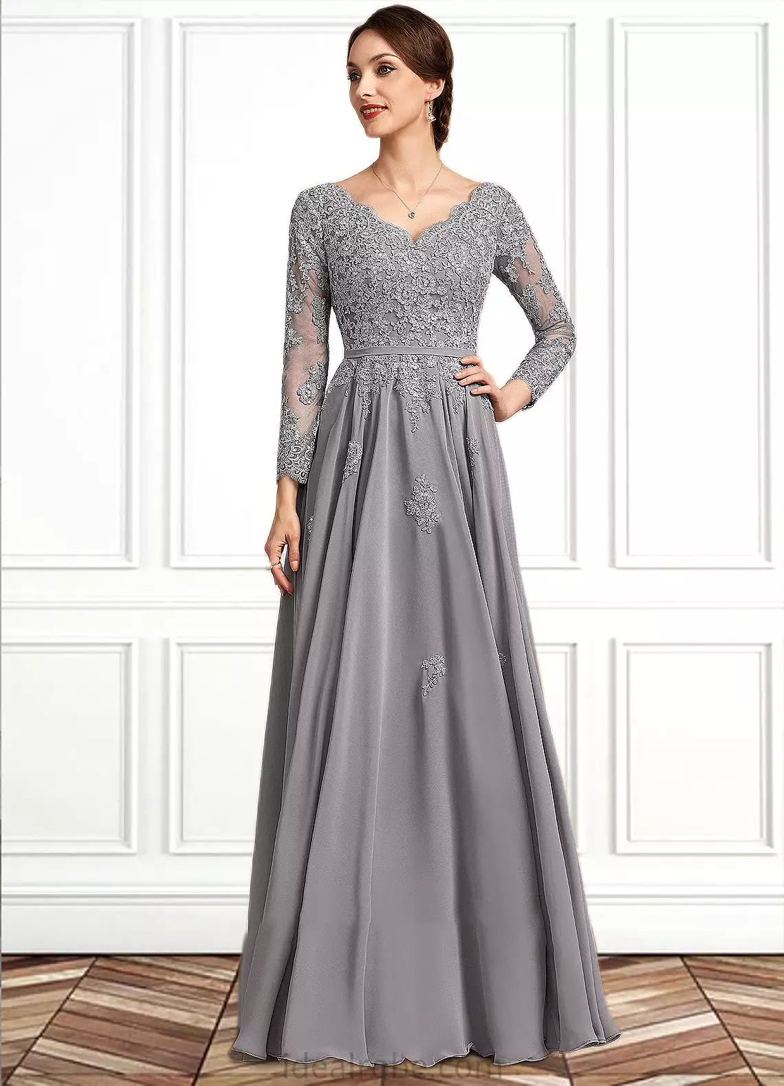 Josephine A-Line V-neck Floor-Length Chiffon Lace Mother of the Bride Dress STK126P0014881