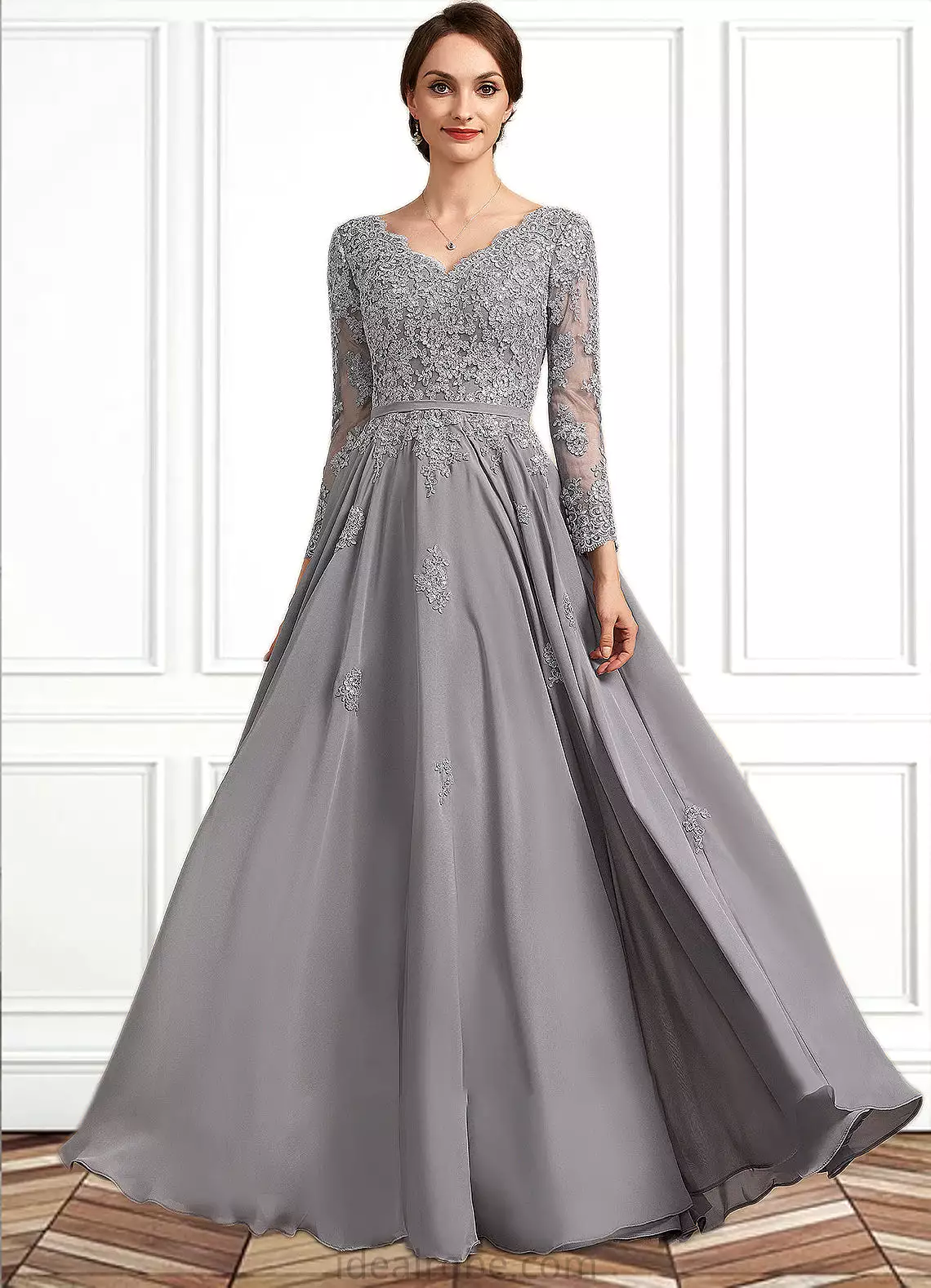 Josephine A-Line V-neck Floor-Length Chiffon Lace Mother of the Bride Dress STK126P0014881