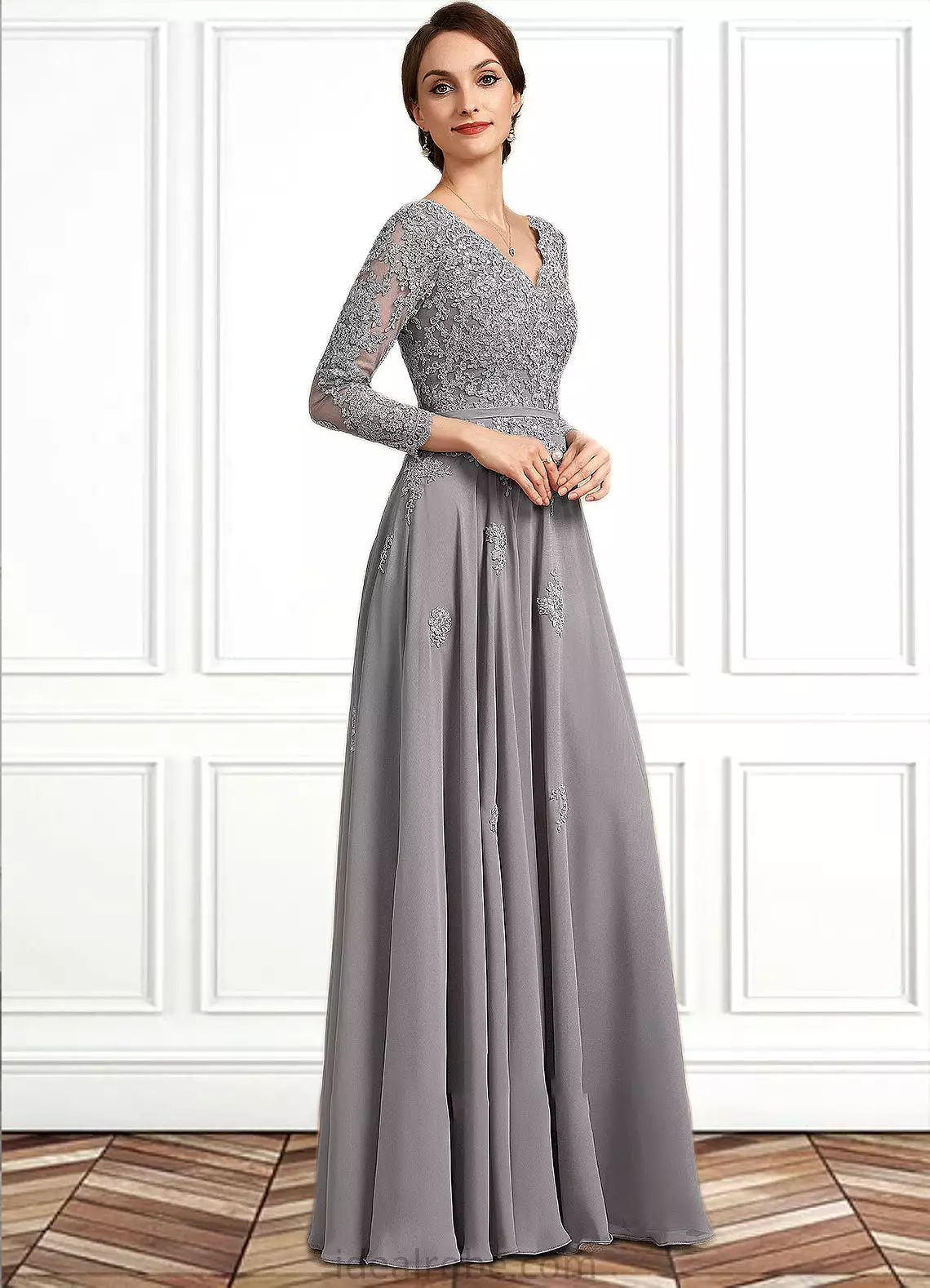 Josephine A-Line V-neck Floor-Length Chiffon Lace Mother of the Bride Dress STK126P0014881