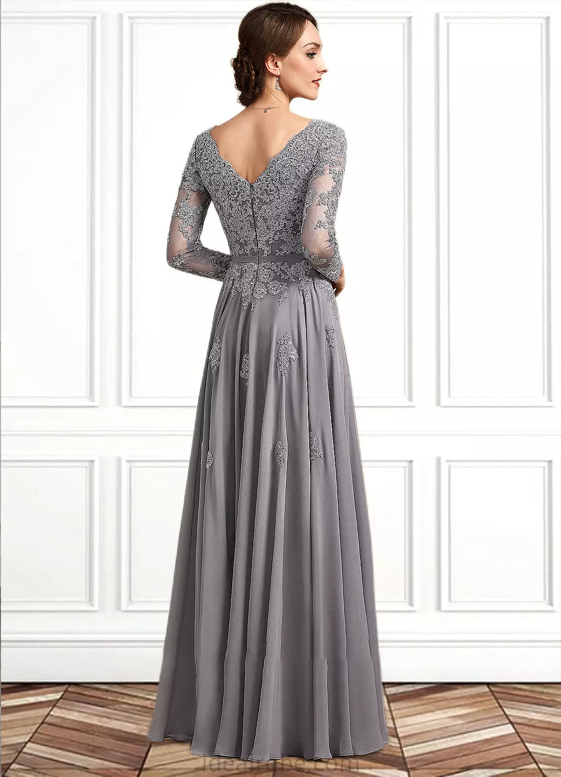 Josephine A-Line V-neck Floor-Length Chiffon Lace Mother of the Bride Dress STK126P0014881