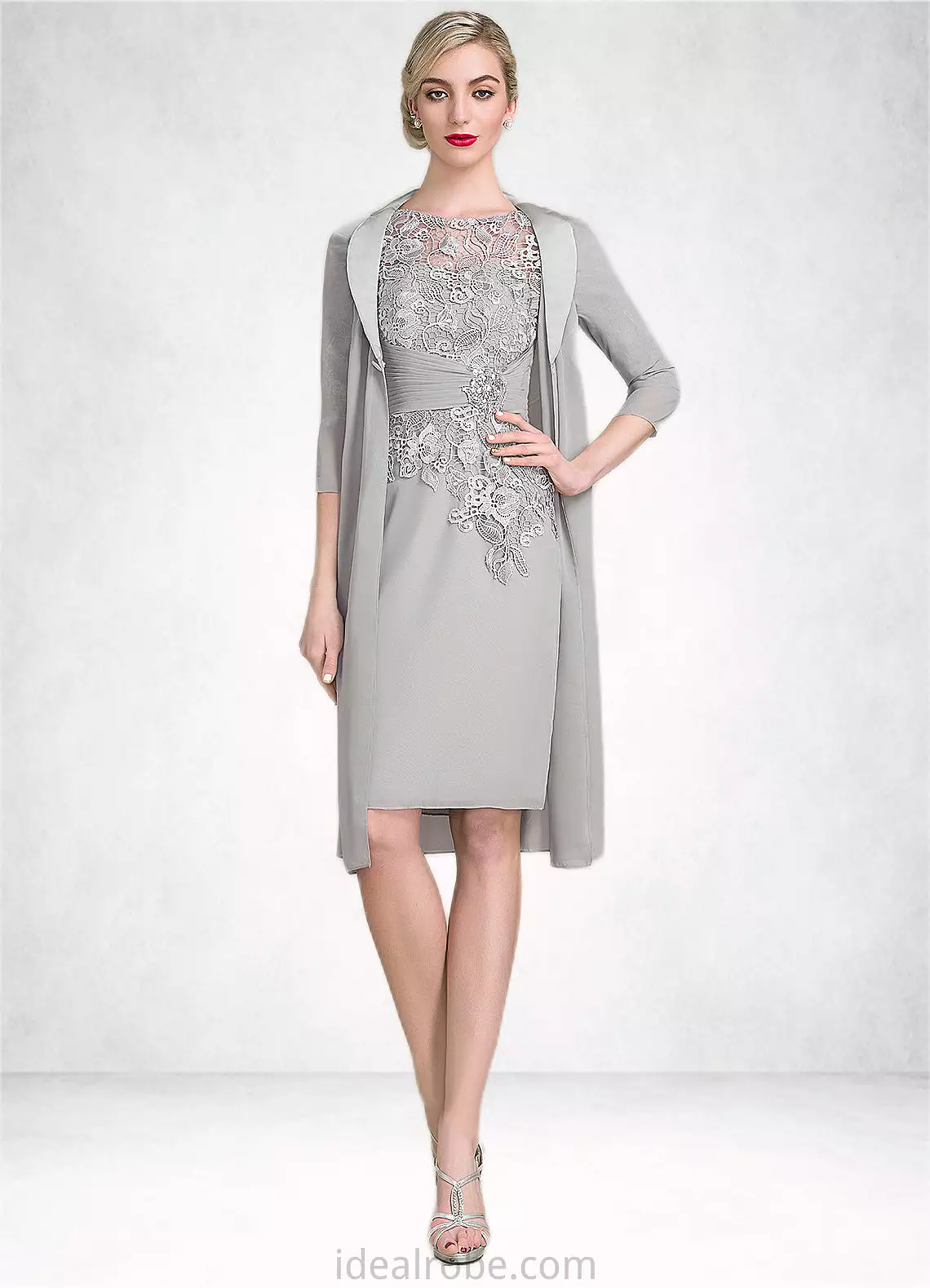 Josie Sheath/Column Scoop Neck Knee-Length Chiffon Lace Mother of the Bride Dress With Ruffle Beading STK126P0014821