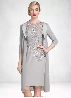 Josie Sheath/Column Scoop Neck Knee-Length Chiffon Lace Mother of the Bride Dress With Ruffle Beading STK126P0014821