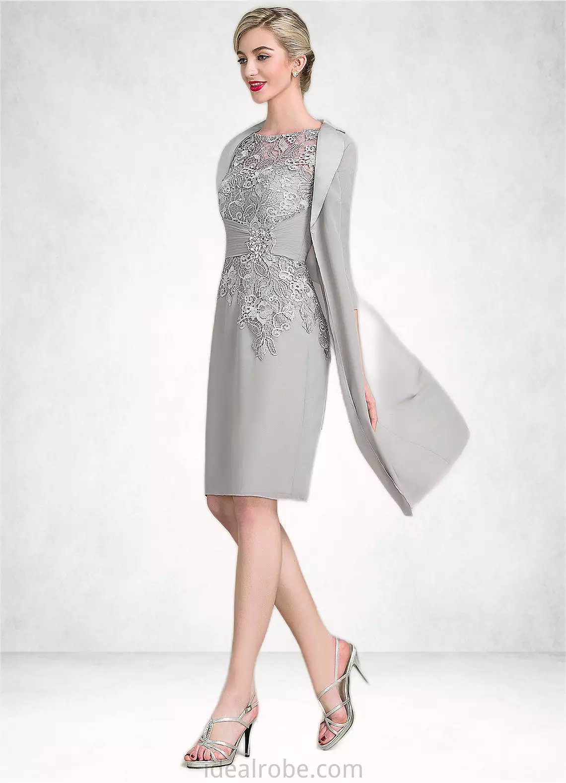 Josie Sheath/Column Scoop Neck Knee-Length Chiffon Lace Mother of the Bride Dress With Ruffle Beading STK126P0014821