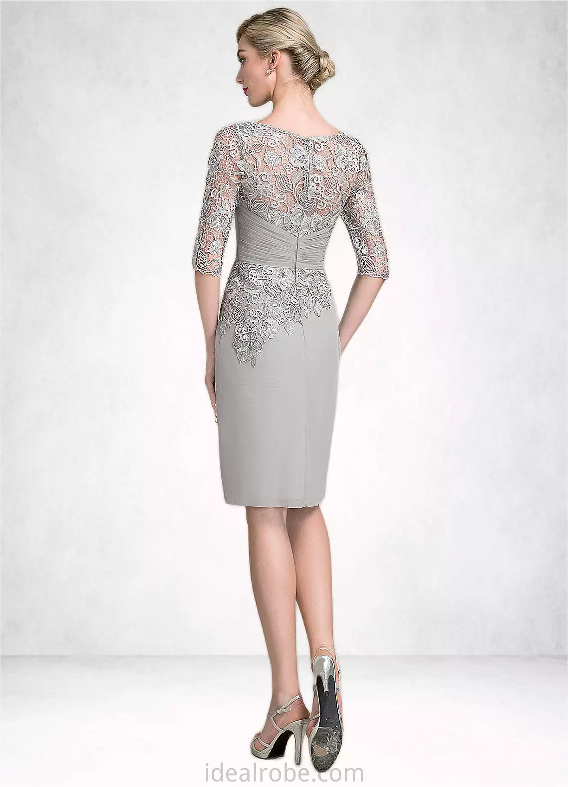 Josie Sheath/Column Scoop Neck Knee-Length Chiffon Lace Mother of the Bride Dress With Ruffle Beading STK126P0014821