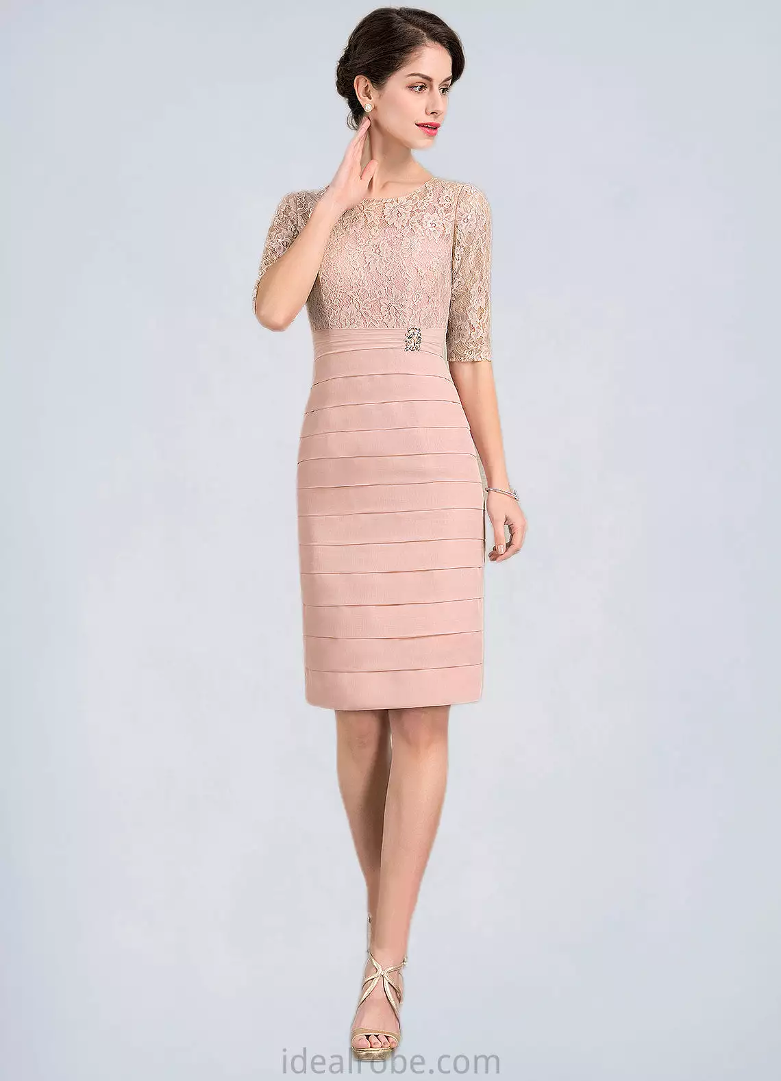 Joslyn Sheath/Column Scoop Neck Knee-Length Chiffon Lace Mother of the Bride Dress With Beading Sequins STK126P0014896