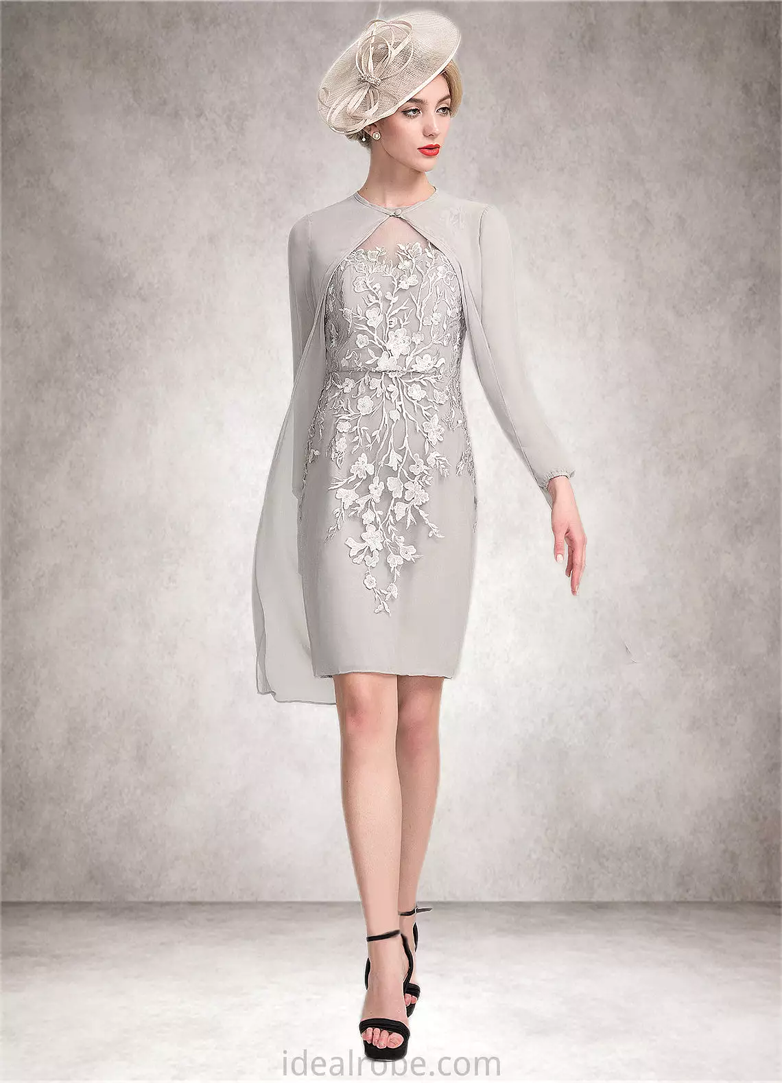 Kamari Sheath/Column Scoop Neck Knee-Length Chiffon Lace Mother of the Bride Dress With Beading Sequins STK126P0014811