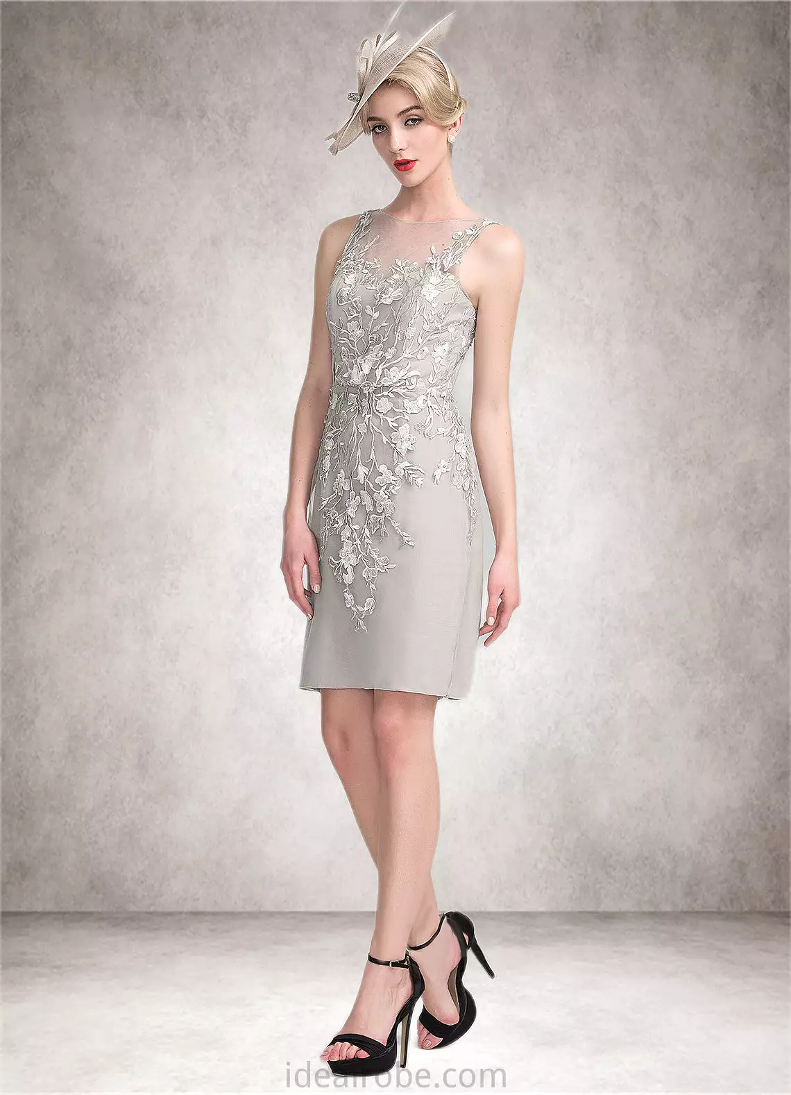 Kamari Sheath/Column Scoop Neck Knee-Length Chiffon Lace Mother of the Bride Dress With Beading Sequins STK126P0014811