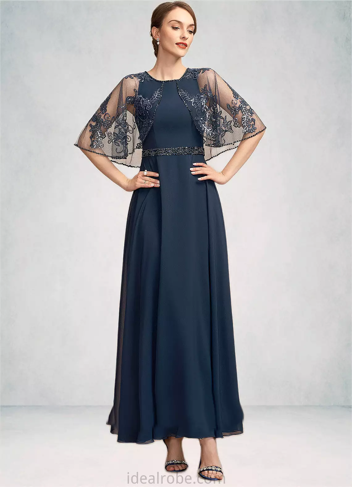 Katrina A-Line Scoop Neck Ankle-Length Chiffon Lace Mother of the Bride Dress With Beading Sequins STK126P0014892