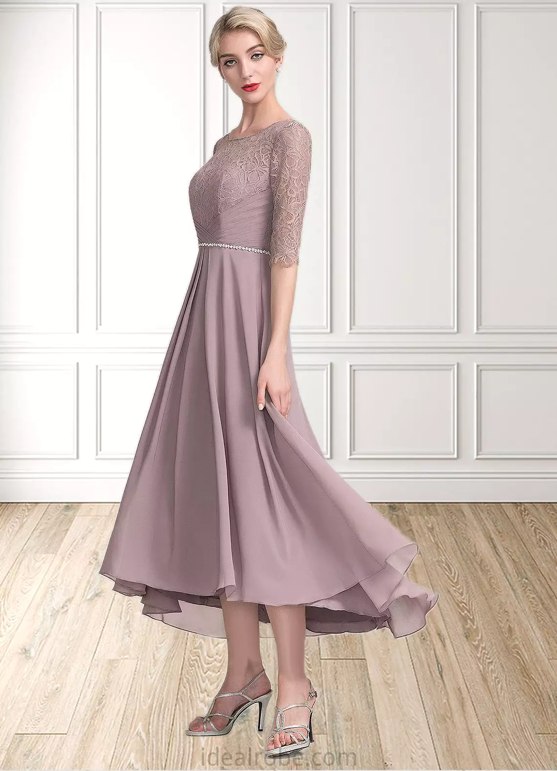 Kelly A-Line Scoop Neck Asymmetrical Chiffon Lace Mother of the Bride Dress With Beading STK126P0014885