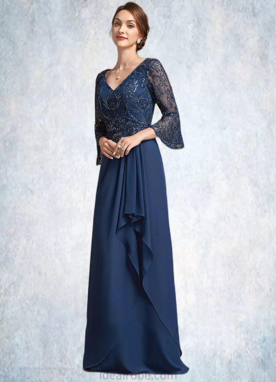 Kenna A-Line V-neck Floor-Length Chiffon Lace Mother of the Bride Dress With Sequins Cascading Ruffles STK126P0014825