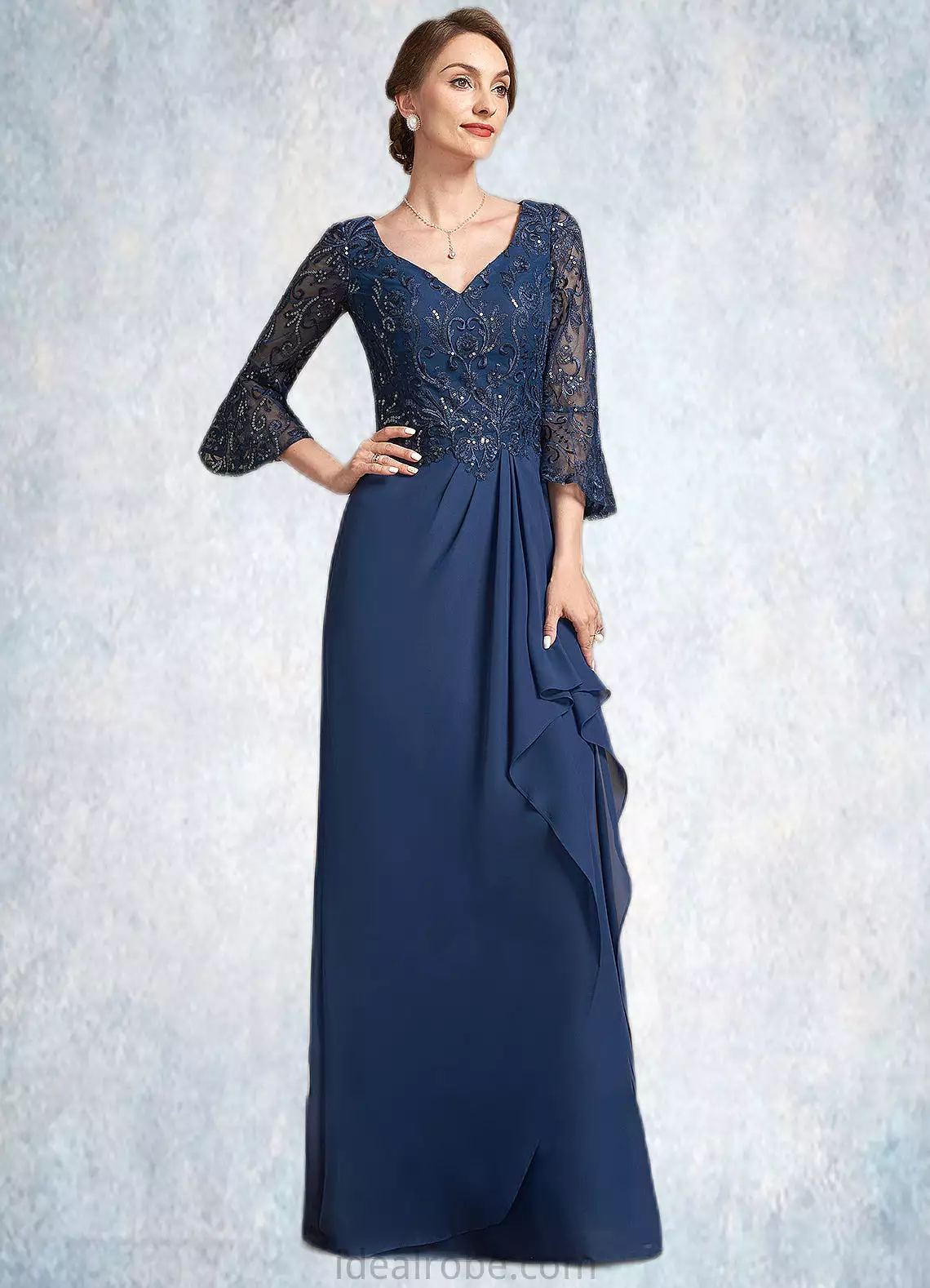 Kenna A-Line V-neck Floor-Length Chiffon Lace Mother of the Bride Dress With Sequins Cascading Ruffles STK126P0014825