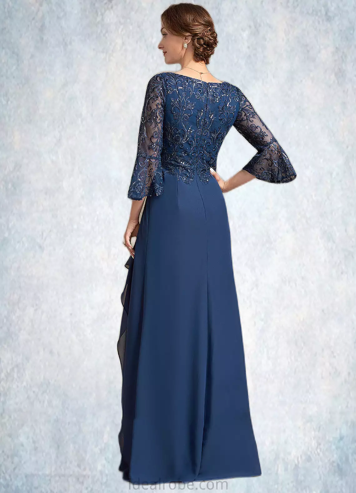 Kenna A-Line V-neck Floor-Length Chiffon Lace Mother of the Bride Dress With Sequins Cascading Ruffles STK126P0014825