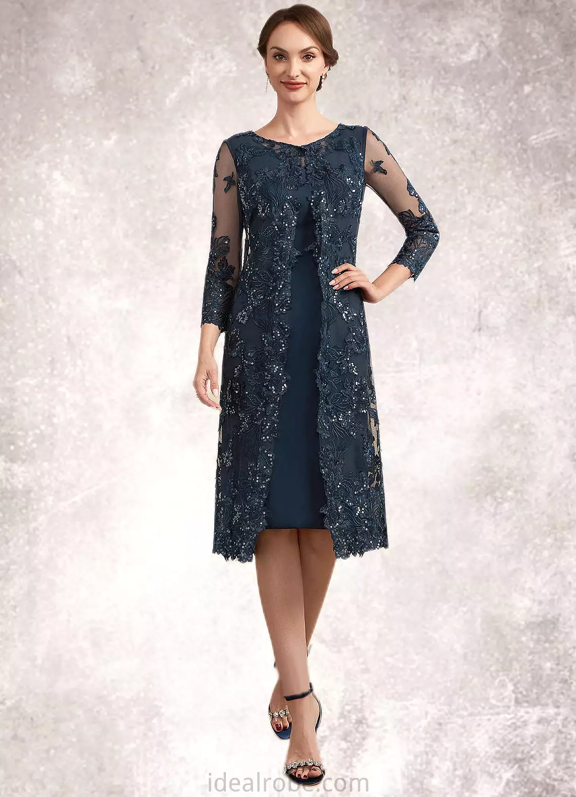 Kit Sheath/Column Scoop Neck Knee-Length Chiffon Lace Mother of the Bride Dress With Sequins STK126P0014771