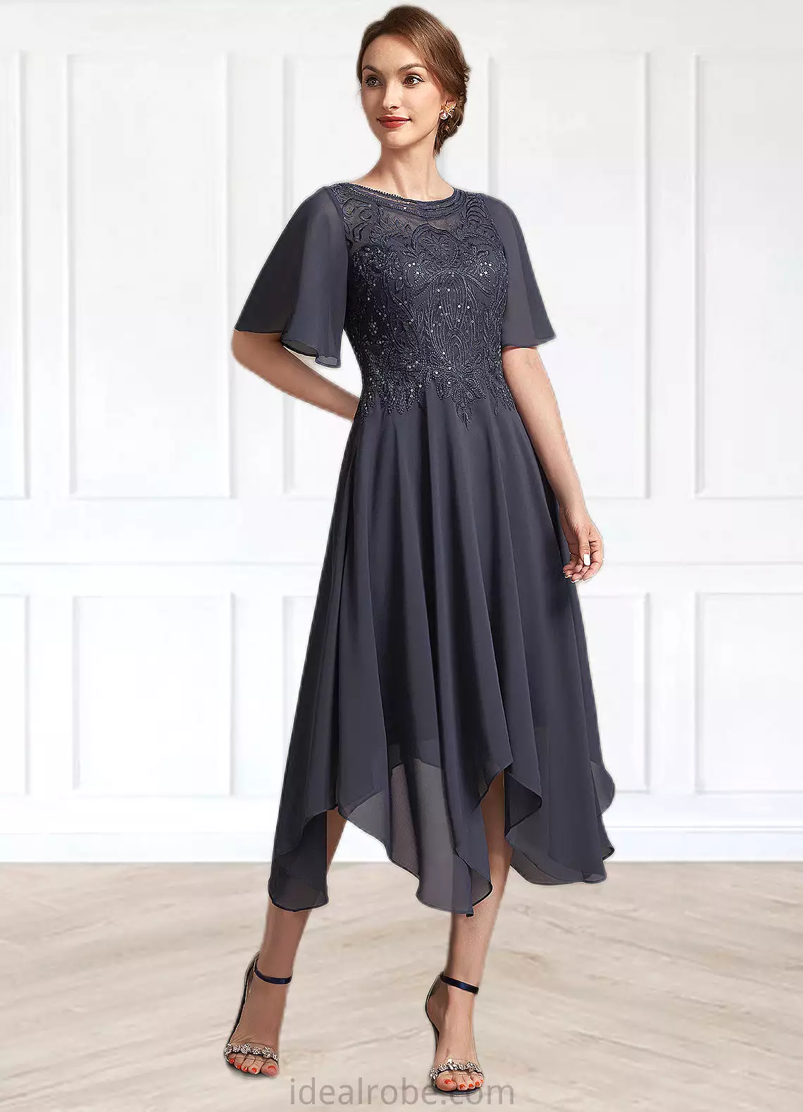 Lena A-Line Scoop Neck Tea-Length Chiffon Lace Mother of the Bride Dress With Sequins STK126P0014830