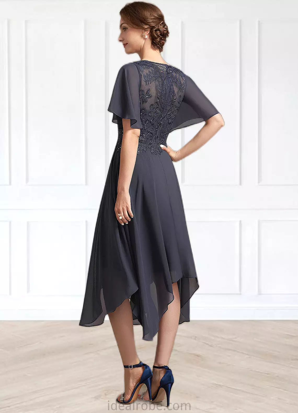 Lena A-Line Scoop Neck Tea-Length Chiffon Lace Mother of the Bride Dress With Sequins STK126P0014830