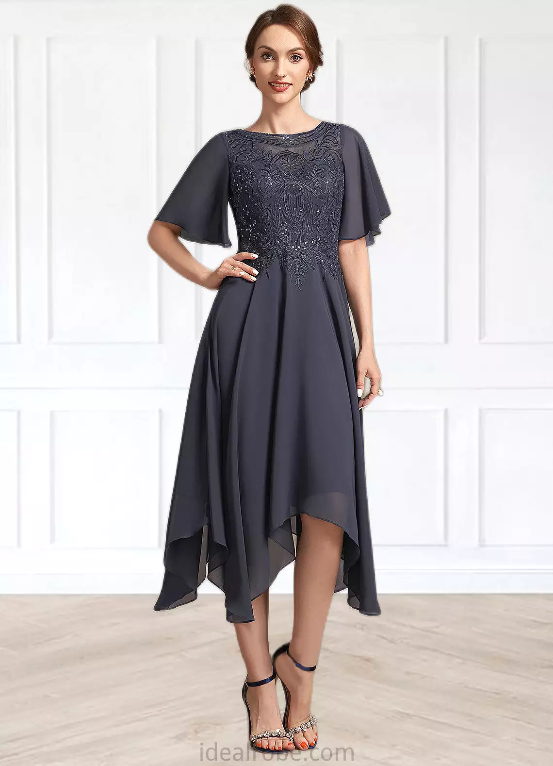 Lena A-Line Scoop Neck Tea-Length Chiffon Lace Mother of the Bride Dress With Sequins STK126P0014830