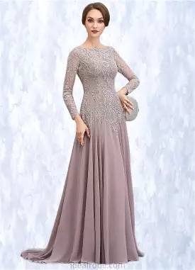 Lexi A-Line Scoop Neck Sweep Train Chiffon Lace Mother of the Bride Dress With Sequins STK126P0014819