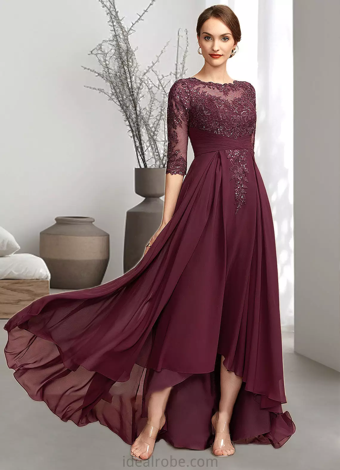 Lucille A-Line Scoop Neck Asymmetrical Chiffon Lace Mother of the Bride Dress With Ruffle Sequins STK126P0014765