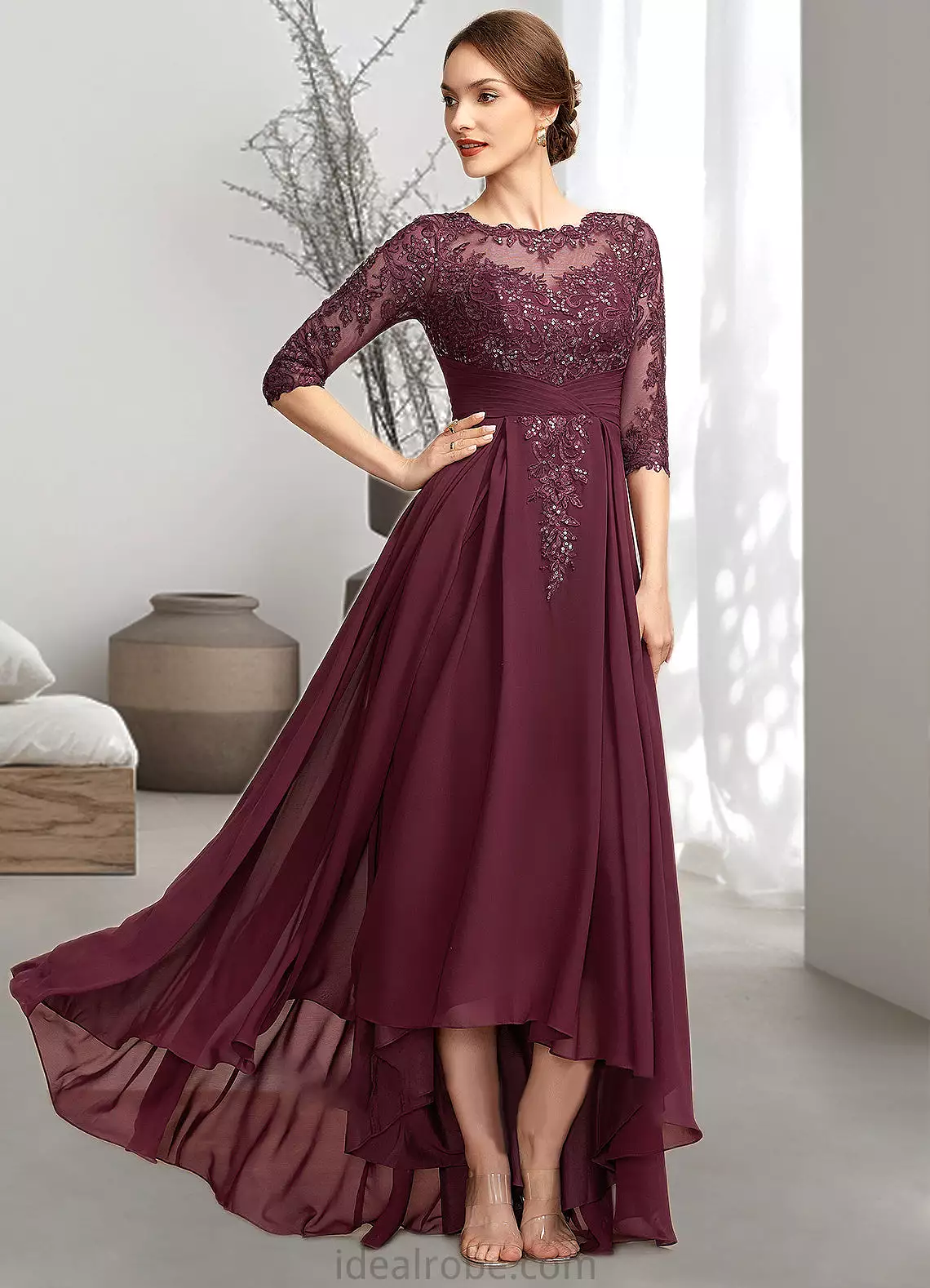 Lucille A-Line Scoop Neck Asymmetrical Chiffon Lace Mother of the Bride Dress With Ruffle Sequins STK126P0014765