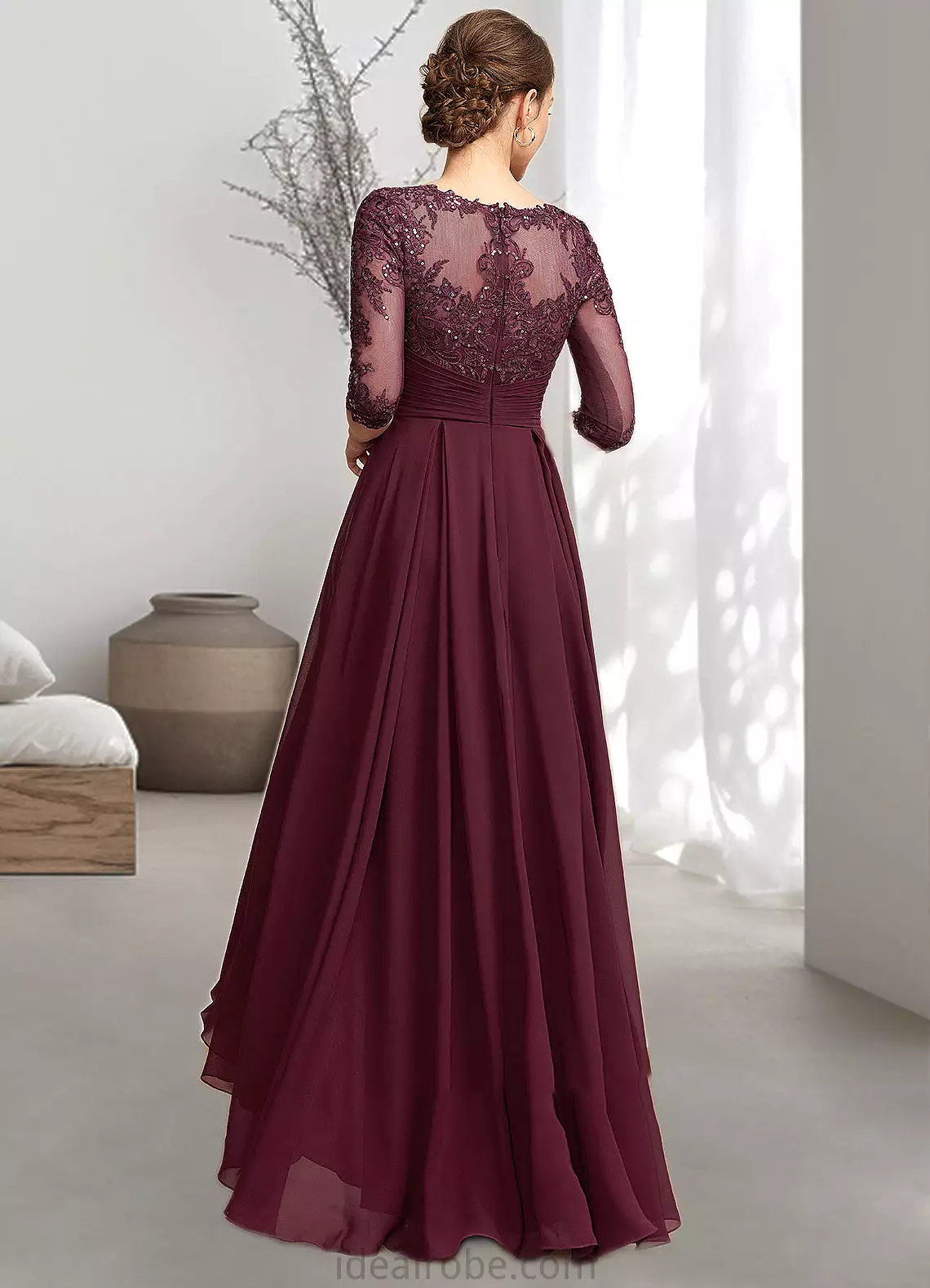 Lucille A-Line Scoop Neck Asymmetrical Chiffon Lace Mother of the Bride Dress With Ruffle Sequins STK126P0014765