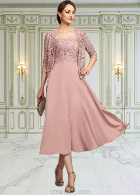 Lucy A-Line Square Neckline Tea-Length Chiffon Lace Mother of the Bride Dress With Beading Sequins STK126P0014789