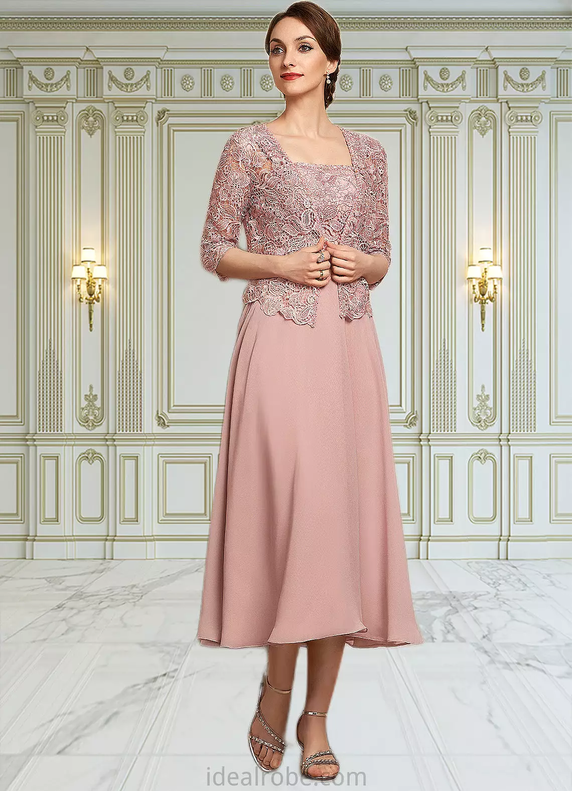 Lucy A-Line Square Neckline Tea-Length Chiffon Lace Mother of the Bride Dress With Beading Sequins STK126P0014789