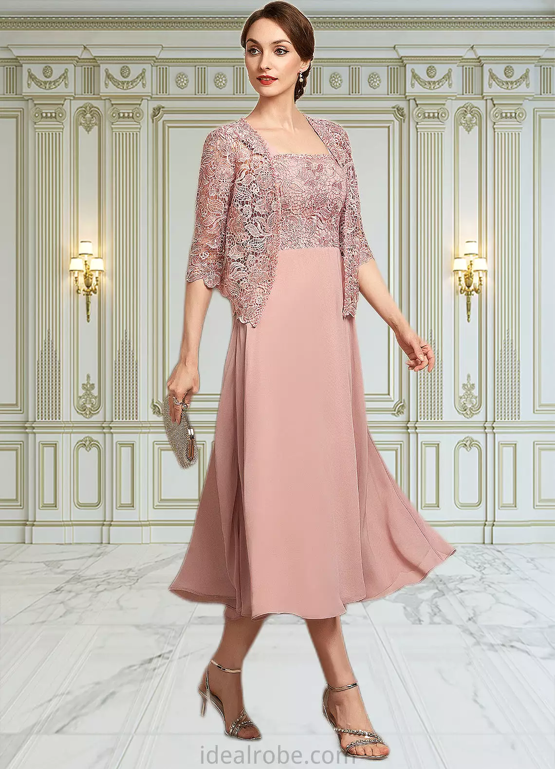 Lucy A-Line Square Neckline Tea-Length Chiffon Lace Mother of the Bride Dress With Beading Sequins STK126P0014789