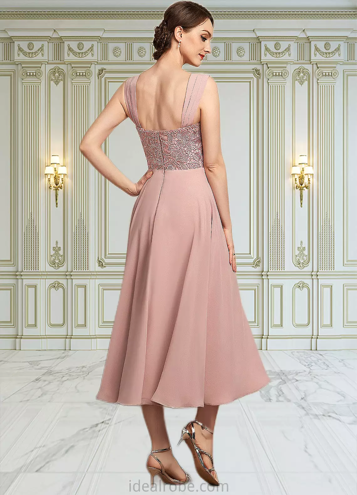 Lucy A-Line Square Neckline Tea-Length Chiffon Lace Mother of the Bride Dress With Beading Sequins STK126P0014789