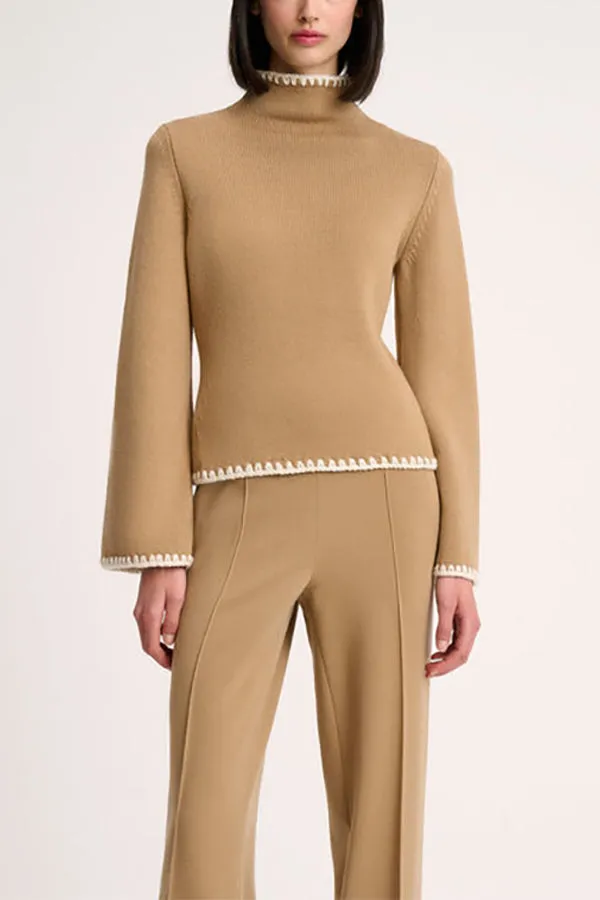 Luisa Spagnoli MONET BEIGE EMBROIDERED TRIM TURTLENECK PULLOVER