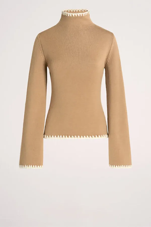 Luisa Spagnoli MONET BEIGE EMBROIDERED TRIM TURTLENECK PULLOVER