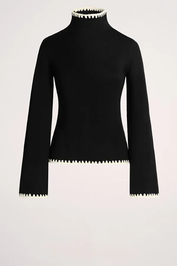 Luisa Spagnoli MONET BLACK EMBROIDERED TRIM TURTLENECK PULLOVER