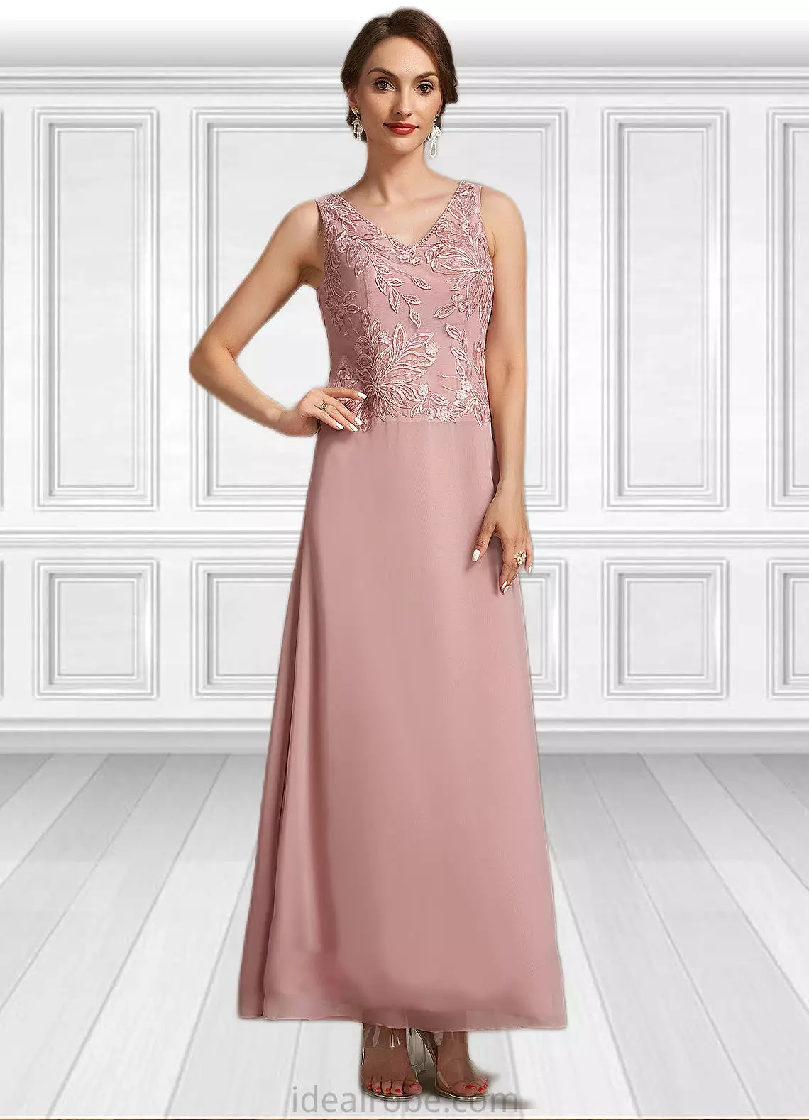 Madelyn A-Line V-neck Ankle-Length Chiffon Lace Mother of the Bride Dress With Beading Sequins STK126P0014784