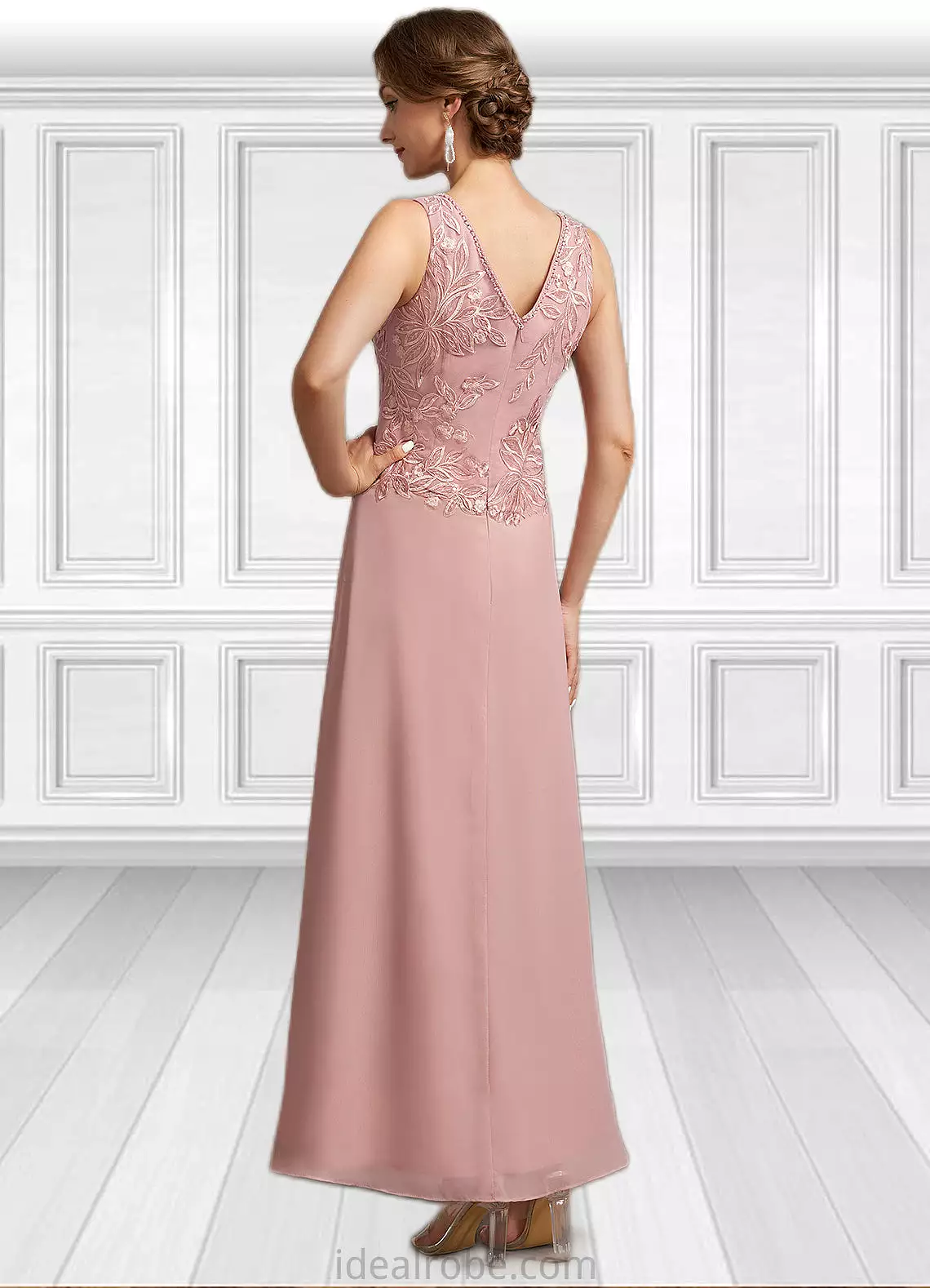 Madelyn A-Line V-neck Ankle-Length Chiffon Lace Mother of the Bride Dress With Beading Sequins STK126P0014784