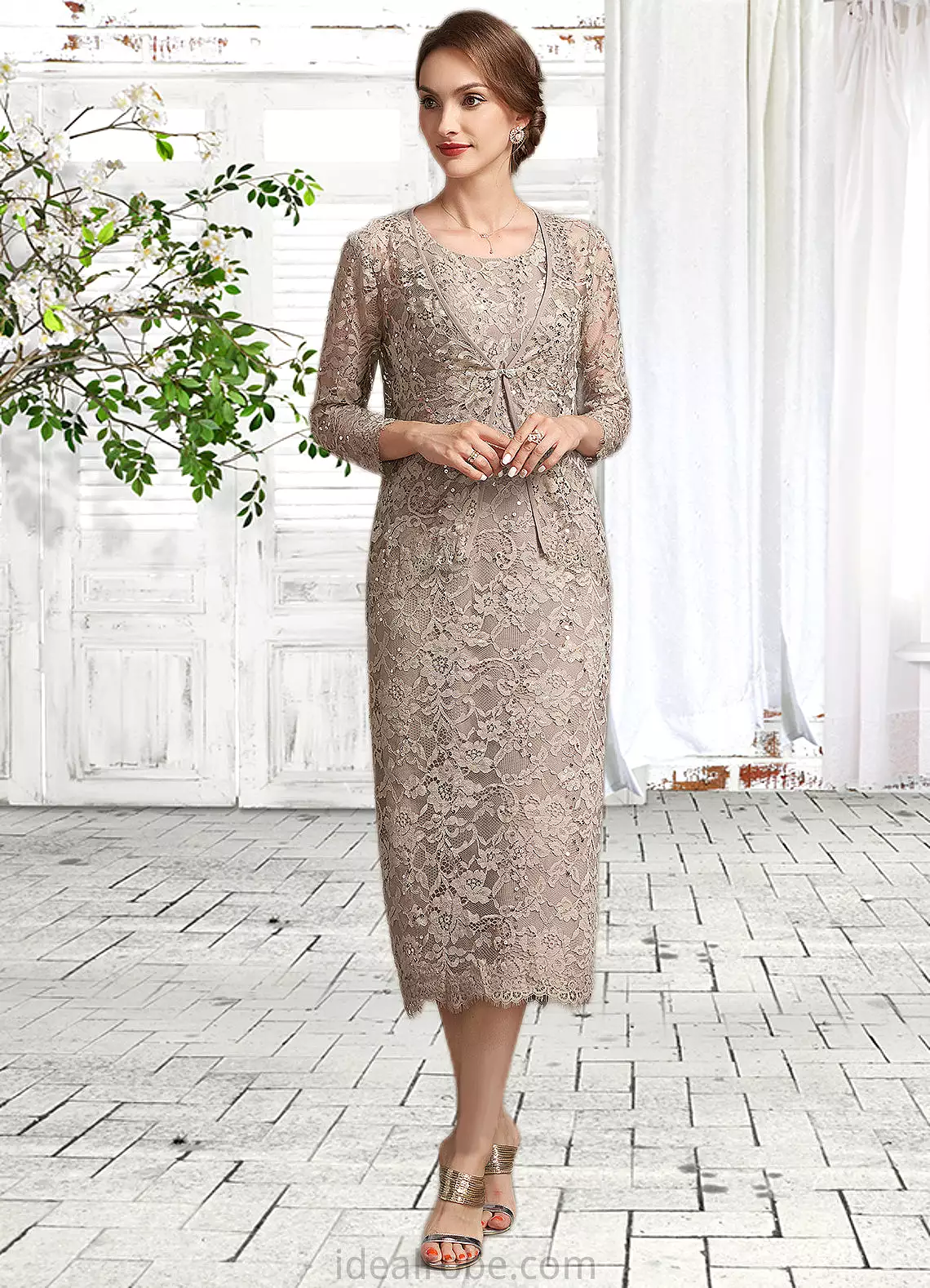 Madelynn Sheath/Column Scoop Neck Tea-Length Lace Mother of the Bride Dress With Sequins STK126P0014898