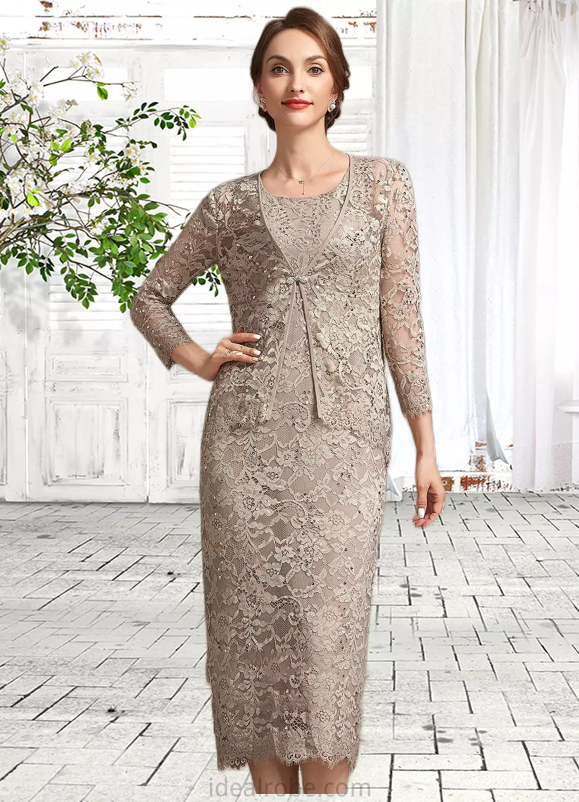 Madelynn Sheath/Column Scoop Neck Tea-Length Lace Mother of the Bride Dress With Sequins STK126P0014898