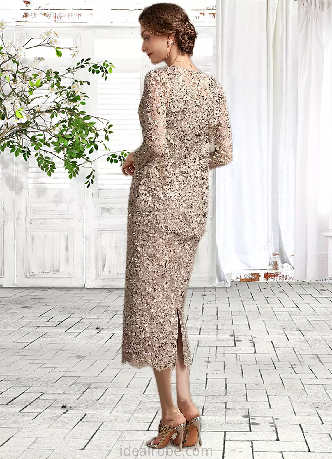 Madelynn Sheath/Column Scoop Neck Tea-Length Lace Mother of the Bride Dress With Sequins STK126P0014898