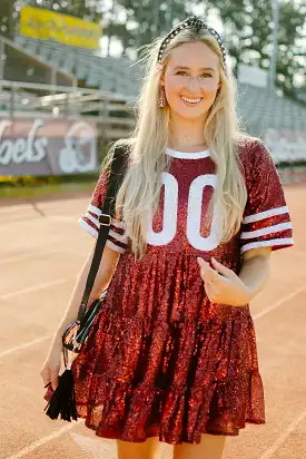 Maroon & White Jersey Sequin Dress