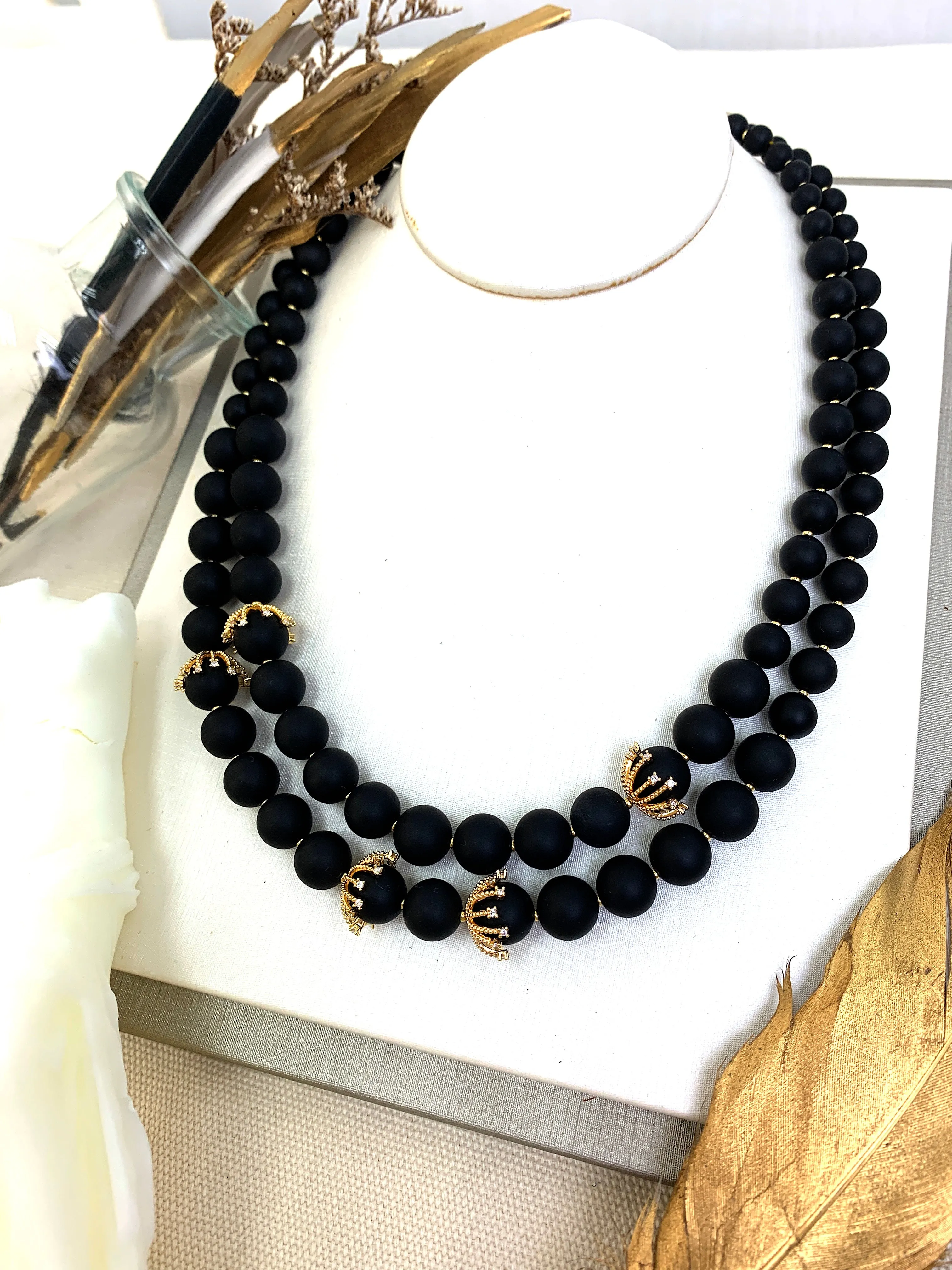 Matte Black Agate Double Layers Necklace HN038