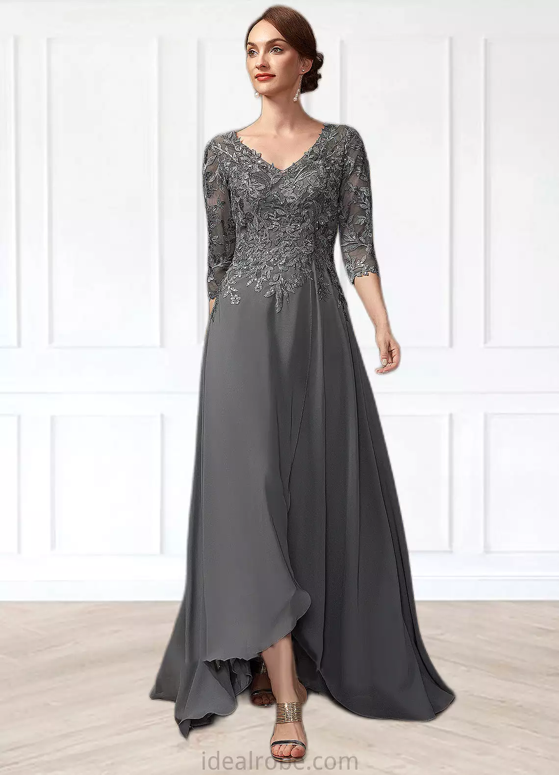 Maureen A-Line V-neck Asymmetrical Chiffon Lace Mother of the Bride Dress With Sequins STK126P0014803