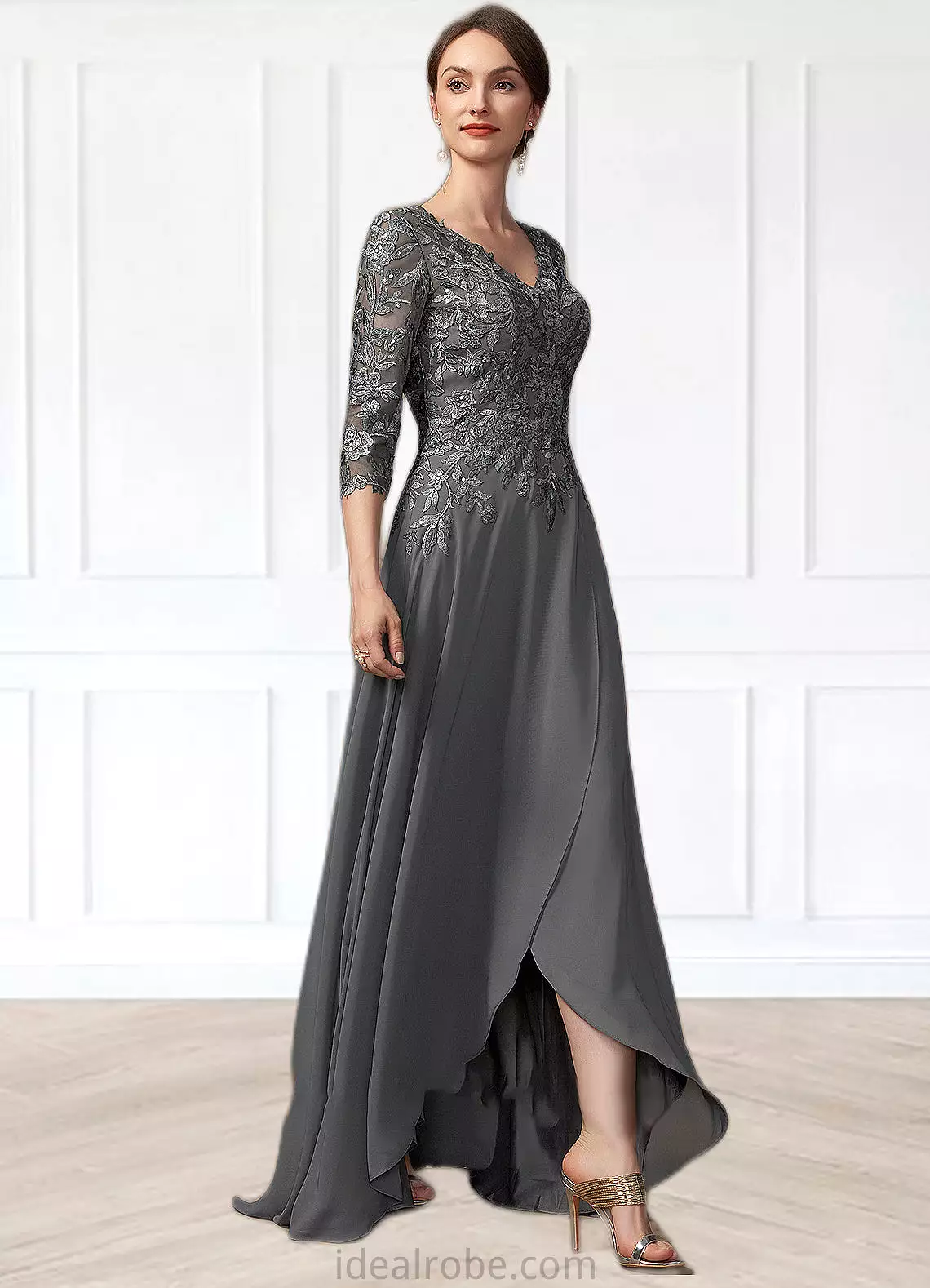 Maureen A-Line V-neck Asymmetrical Chiffon Lace Mother of the Bride Dress With Sequins STK126P0014803