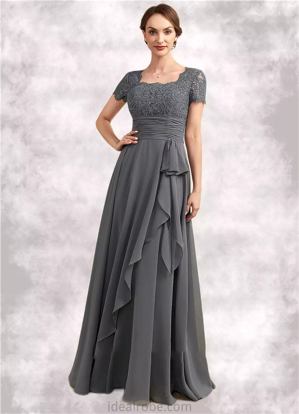 Maya A-Line Square Neckline Floor-Length Chiffon Lace Mother of the Bride Dress With Ruffle Sequins STK126P0014770