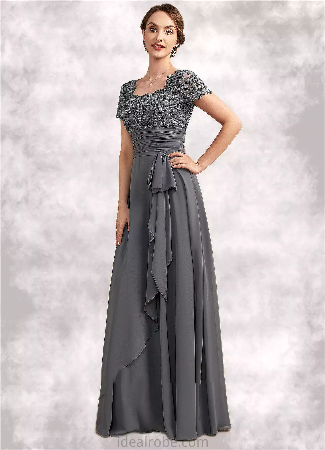 Maya A-Line Square Neckline Floor-Length Chiffon Lace Mother of the Bride Dress With Ruffle Sequins STK126P0014770