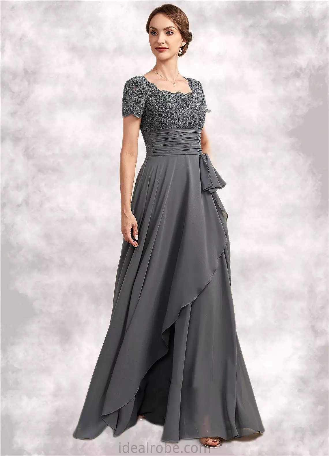 Maya A-Line Square Neckline Floor-Length Chiffon Lace Mother of the Bride Dress With Ruffle Sequins STK126P0014770