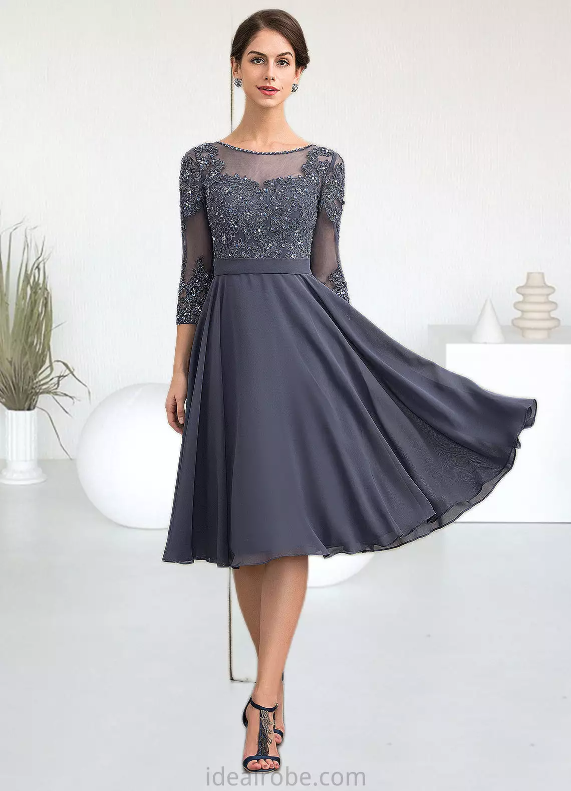 Melinda A-Line Scoop Neck Knee-Length Chiffon Lace Mother of the Bride Dress With Beading Sequins STK126P0014861