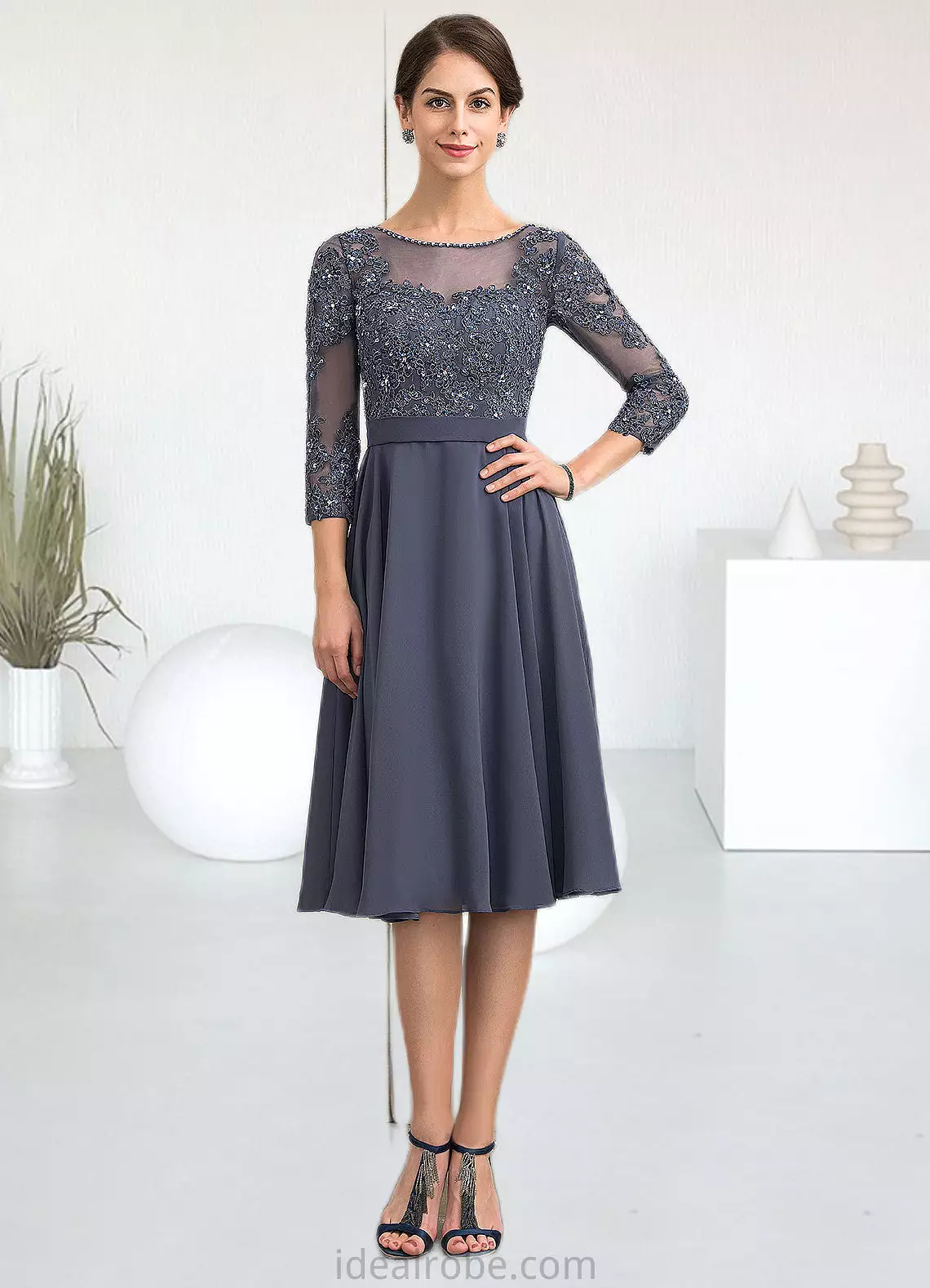 Melinda A-Line Scoop Neck Knee-Length Chiffon Lace Mother of the Bride Dress With Beading Sequins STK126P0014861