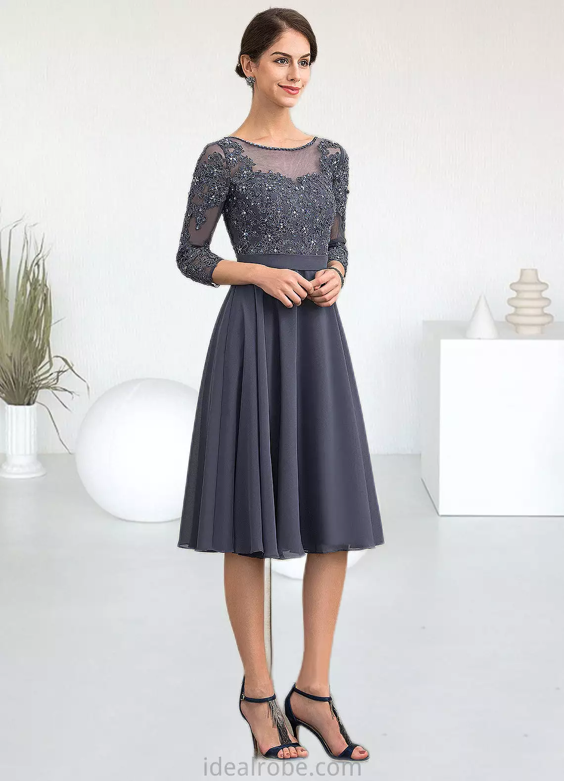 Melinda A-Line Scoop Neck Knee-Length Chiffon Lace Mother of the Bride Dress With Beading Sequins STK126P0014861