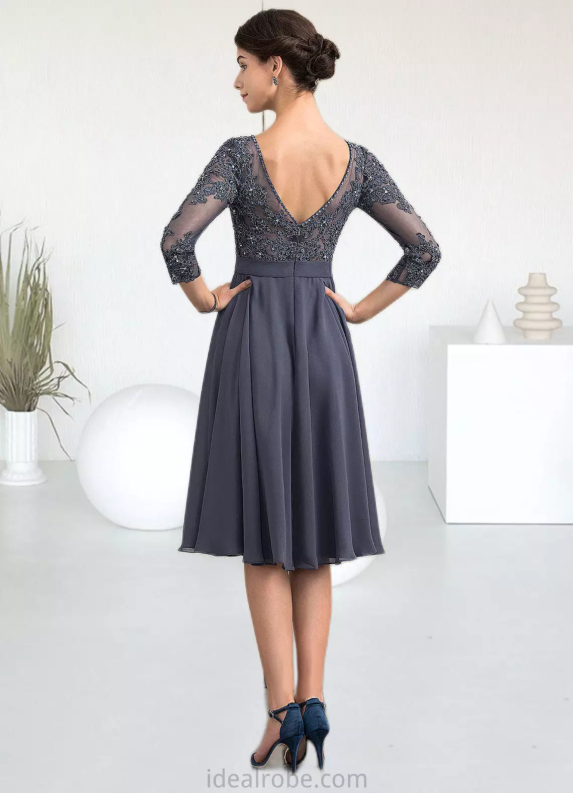 Melinda A-Line Scoop Neck Knee-Length Chiffon Lace Mother of the Bride Dress With Beading Sequins STK126P0014861