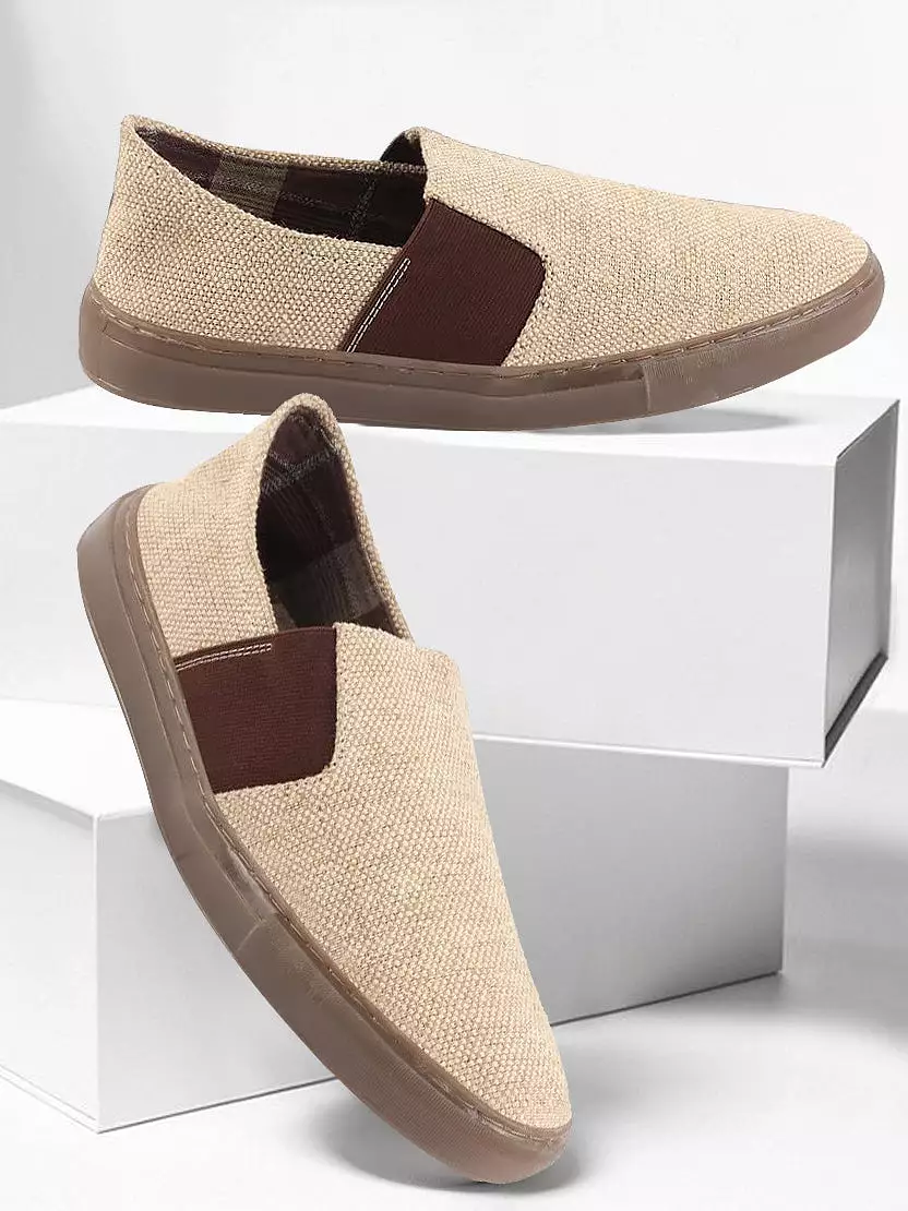 Men Beige Colorblocked Classic Jute/Fabric Slip On Canvas Sneaker Slip On Casual Shoes