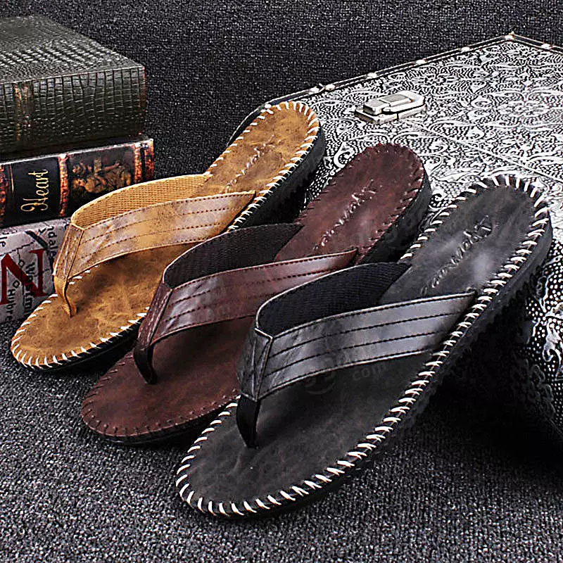 Men Leather Flip Flops Thick Bottom Comfortable Beach Can Be Immersed In Seawater Durable Shoes